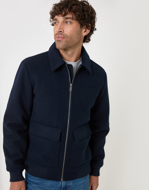Threadbare Faux Wool Collared Lightweight Jacket in Navy - front view