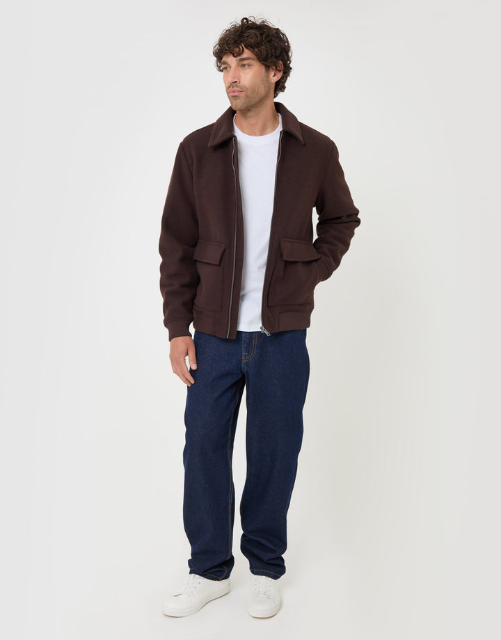 Threadbare Faux Wool Collared Lightweight Jacket in Chocolate Brown - full body
