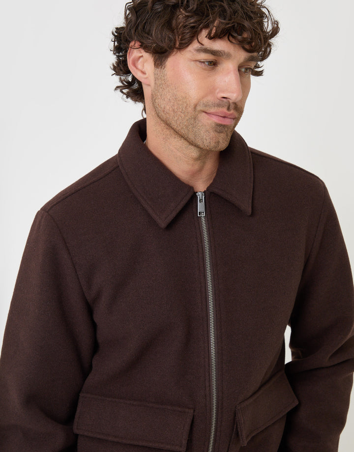 Threadbare Faux Wool Collared Lightweight Jacket in Chocolate Brown - detail