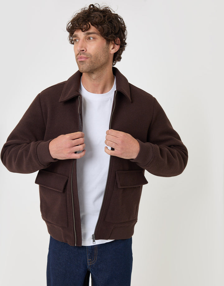 Threadbare Faux Wool Collared Lightweight Jacket in Chocolate Brown - front view open