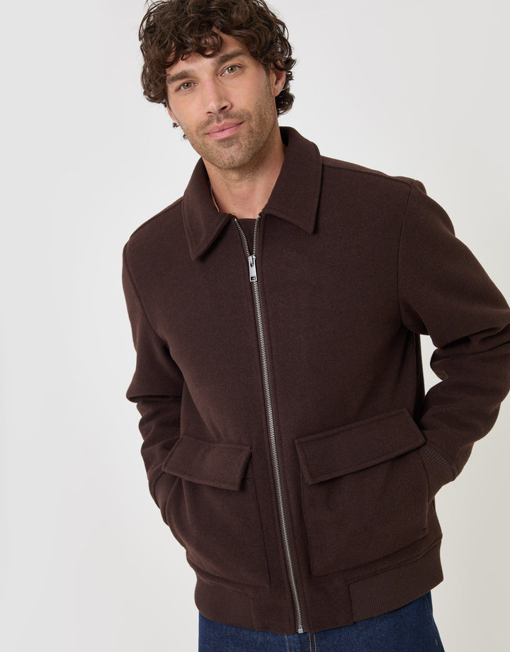 Threadbare Faux Wool Collared Lightweight Jacket in Chocolate Brown - front zipped