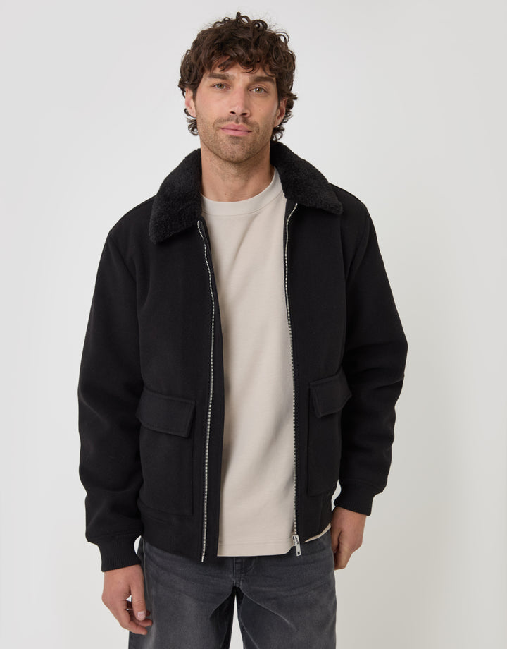 Threadbare Lightweight Jacket with Faux Fur Collar in Black - front view