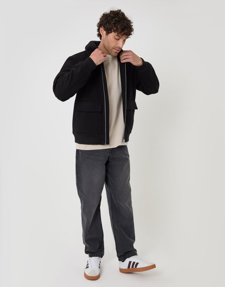 Threadbare Lightweight Jacket with Faux Fur Collar in Black - full body