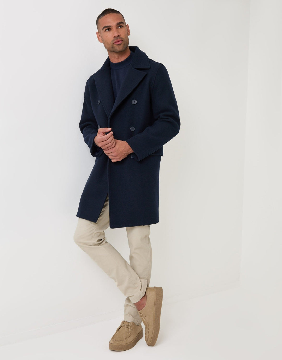 Threadbare Faux Wool Double Breasted Trench Coat in Navy - full body pose