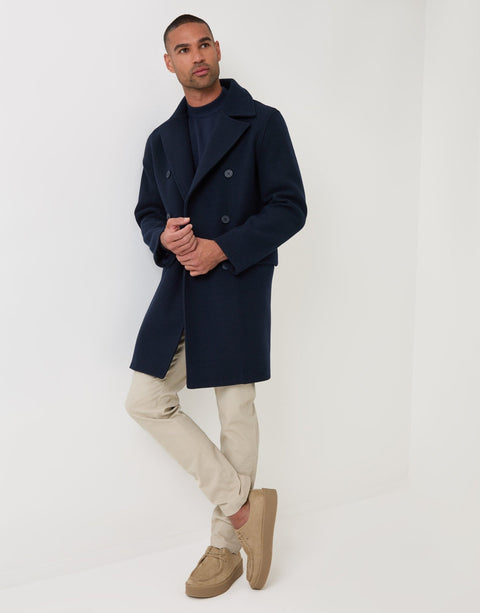 Threadbare Faux Wool Double Breasted Trench Coat in Navy - full body pose