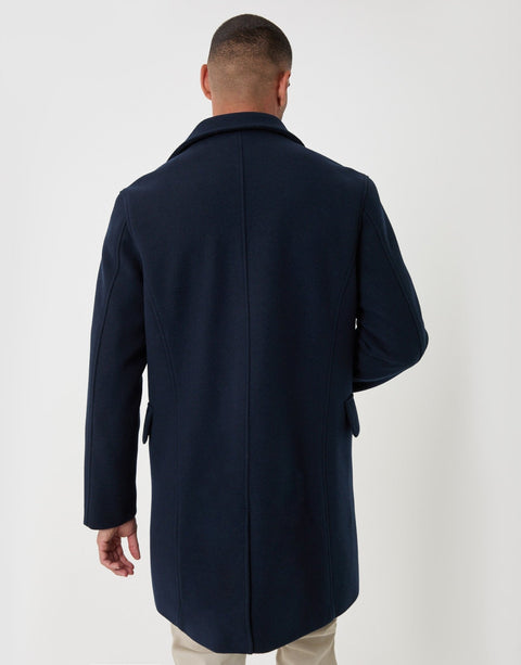 Threadbare Faux Wool Double Breasted Trench Coat in Navy - back view