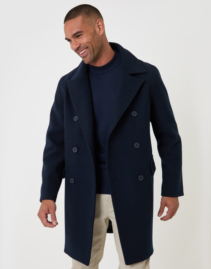 Threadbare Faux Wool Double Breasted Trench Coat in Navy - front view