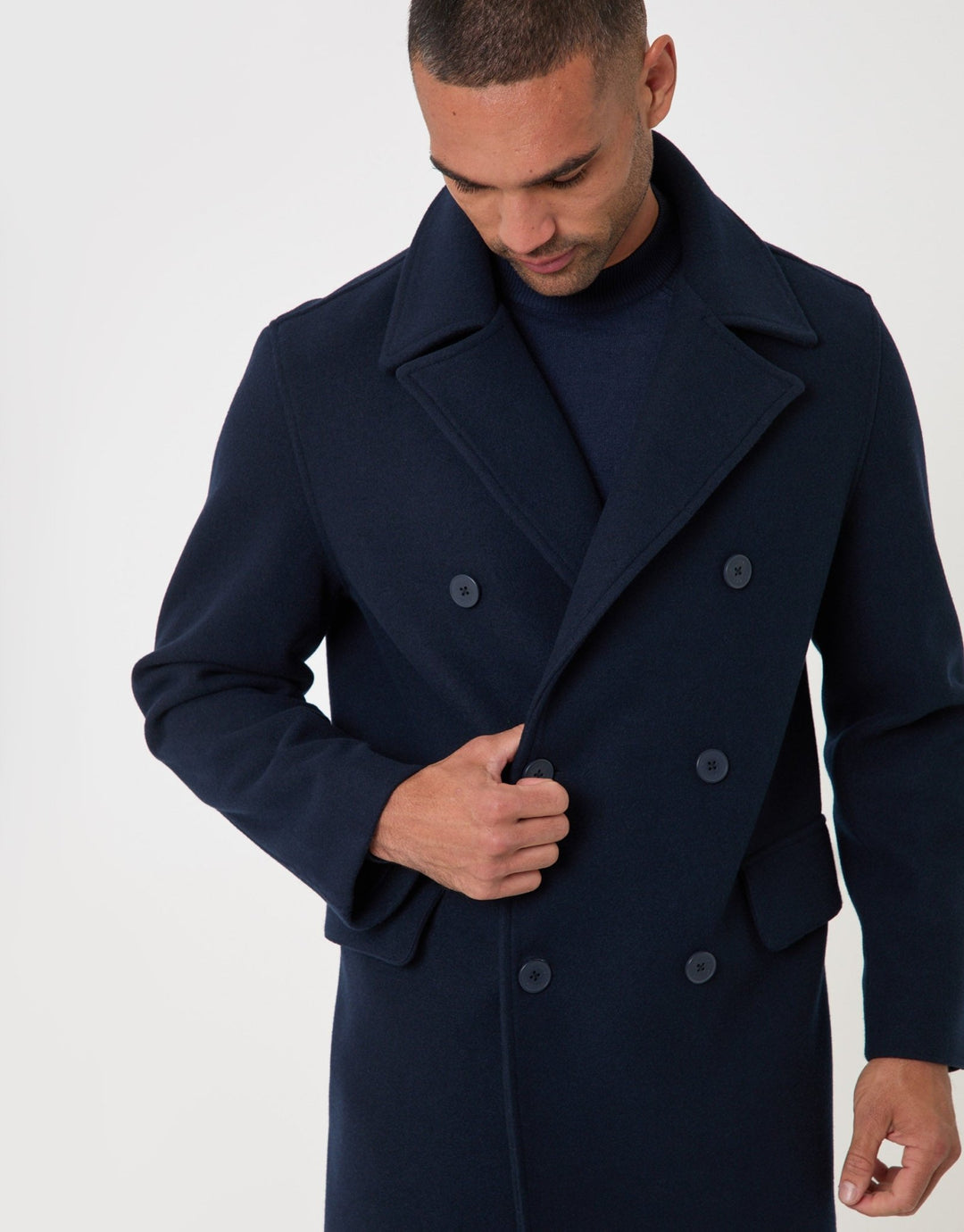 Threadbare Faux Wool Double Breasted Trench Coat in Navy - detail