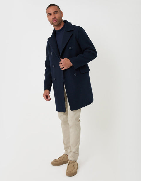 Threadbare Faux Wool Double Breasted Trench Coat in Navy - full body