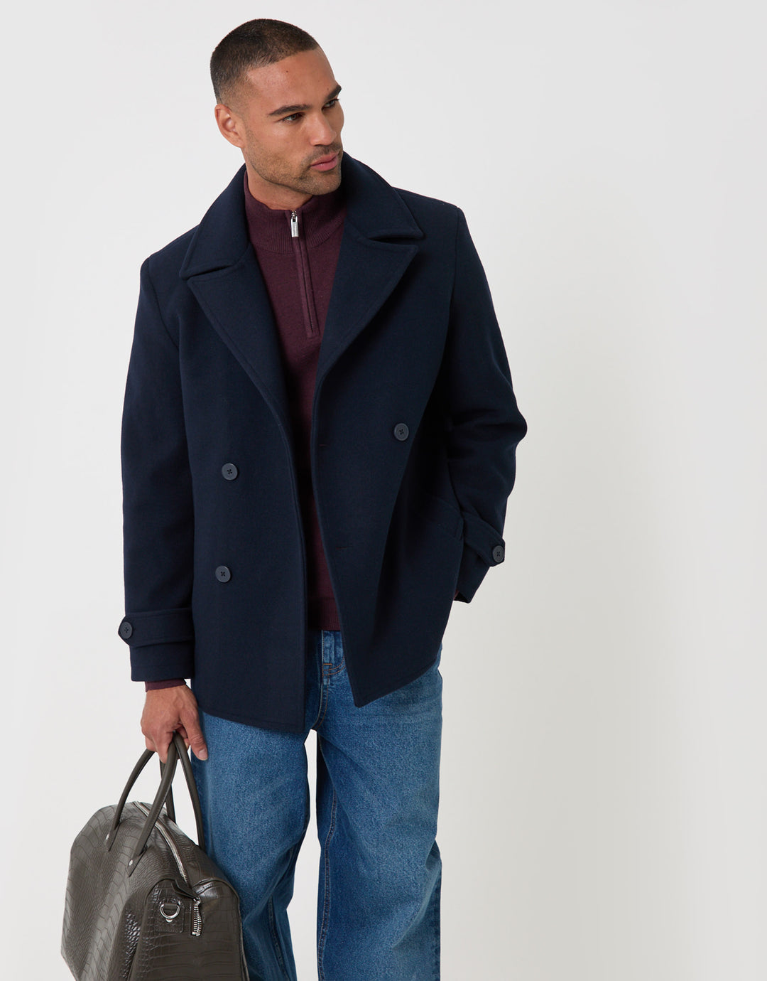 Threadbare Faux Wool Double Breasted Short Trench Coat in Navy - front view