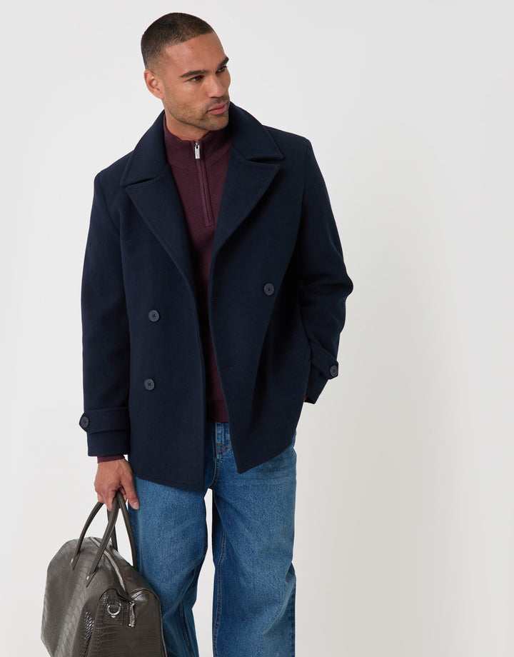 Threadbare Faux Wool Double Breasted Short Trench Coat in Navy - front view