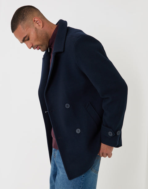 Threadbare Faux Wool Double Breasted Short Trench Coat in Navy - side view