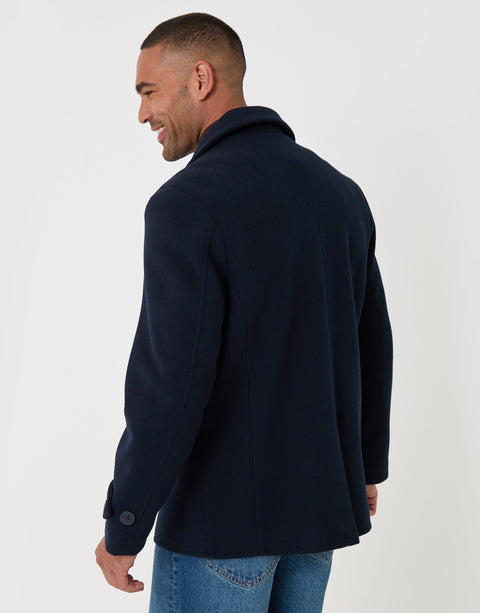 Threadbare Faux Wool Double Breasted Short Trench Coat in Navy - back view