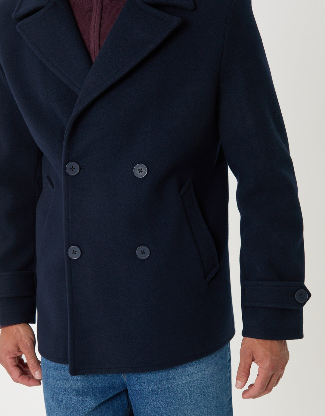 Threadbare Faux Wool Double Breasted Short Trench Coat in Navy - detail