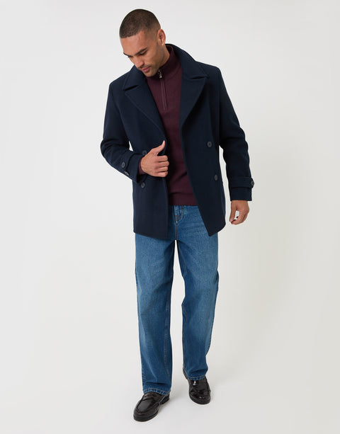 Threadbare Faux Wool Double Breasted Short Trench Coat in Navy - full body