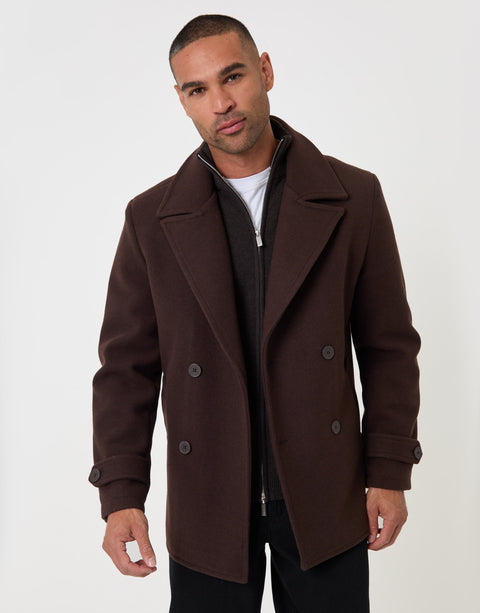 Threadbare Faux Wool Double Breasted Short Trench Coat in Chocolate Brown - front view open