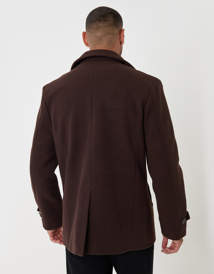 Threadbare Faux Wool Double Breasted Short Trench Coat in Chocolate Brown - back view
