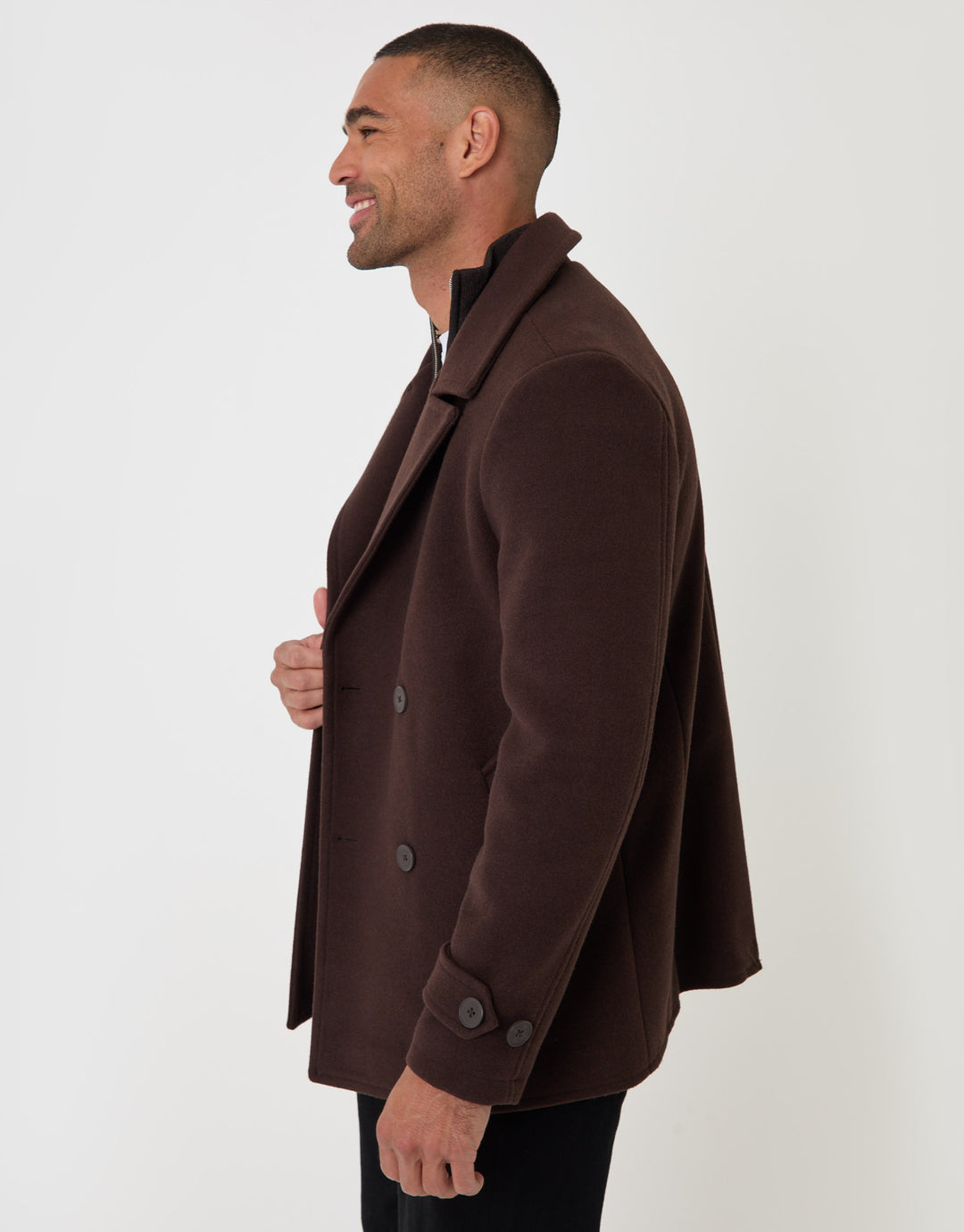 Threadbare Faux Wool Double Breasted Short Trench Coat in Chocolate Brown - side view
