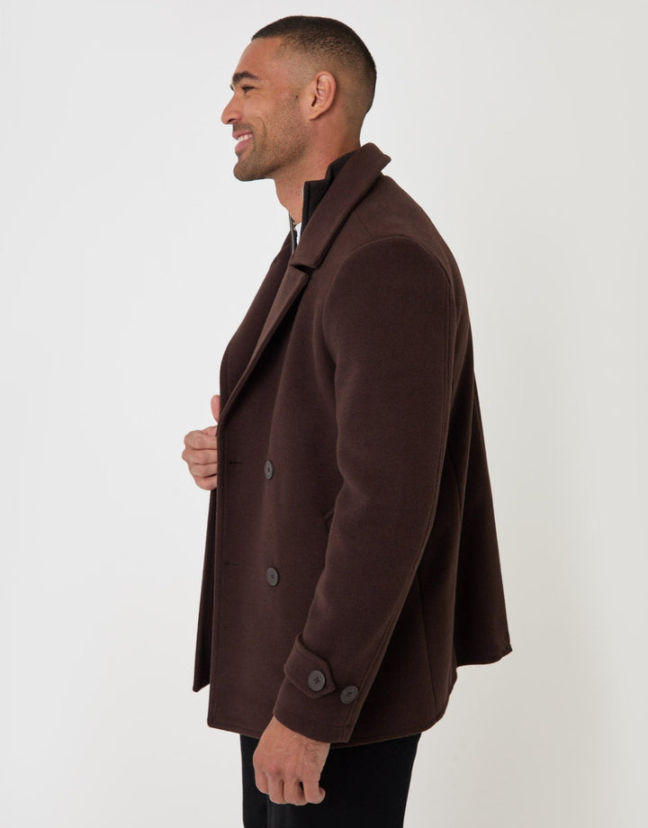 Threadbare Faux Wool Double Breasted Short Trench Coat in Chocolate Brown - side view