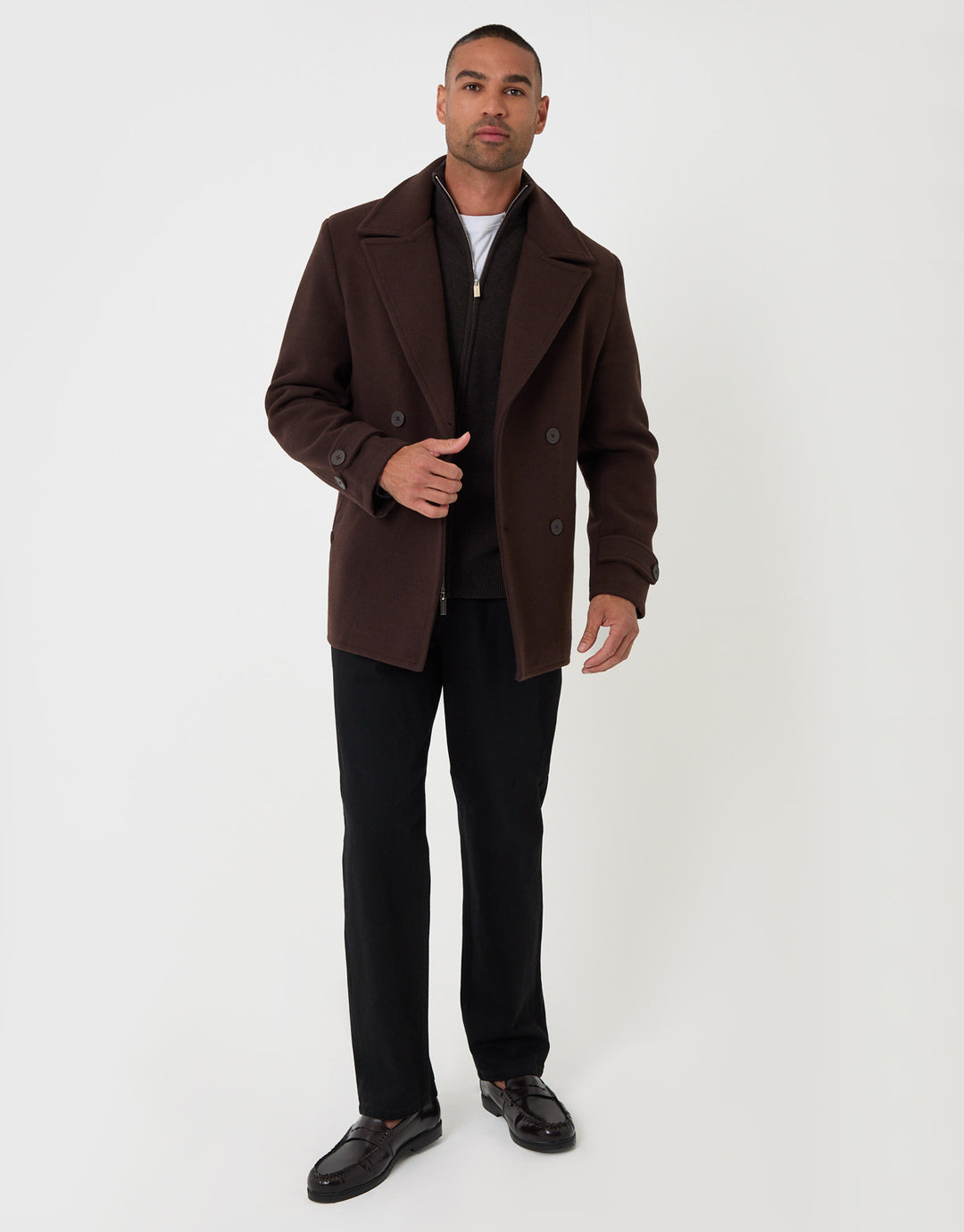 Threadbare Faux Wool Double Breasted Short Trench Coat in Chocolate Brown - full body