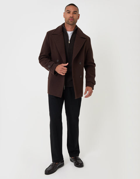 Threadbare Faux Wool Double Breasted Short Trench Coat in Chocolate Brown - full body