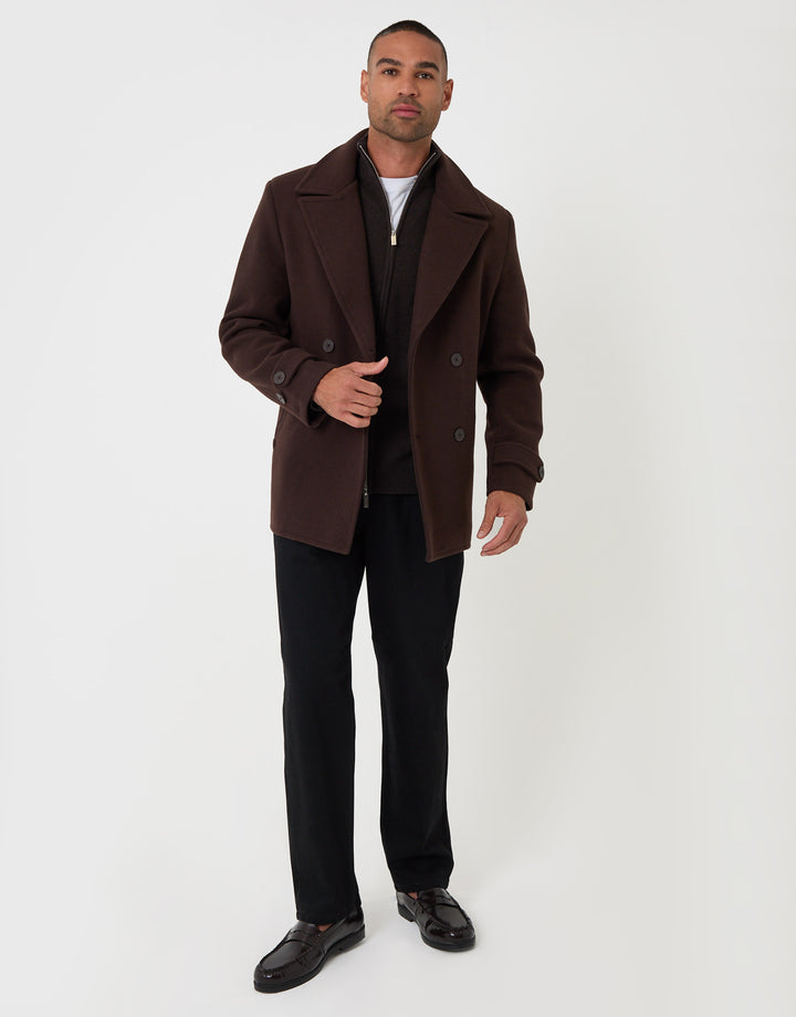 Threadbare Faux Wool Double Breasted Short Trench Coat in Chocolate Brown - full body