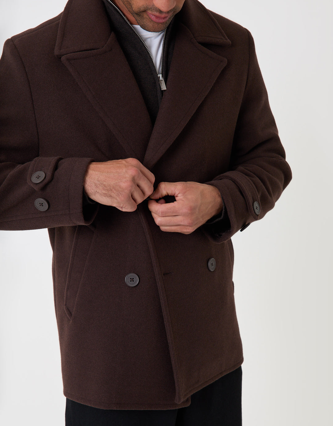 Threadbare Faux Wool Double Breasted Short Trench Coat in Chocolate Brown - detail