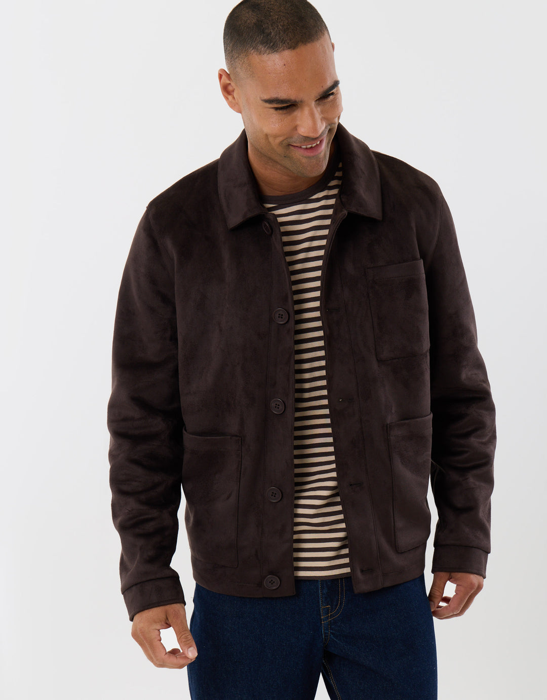 Threadbare Faux Suede Button Up Collared Jacket in Chocolate Brown - front view open
