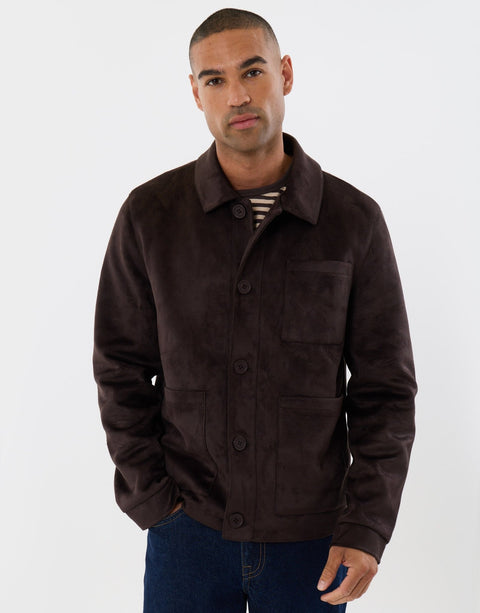 Threadbare Faux Suede Button Up Collared Jacket in Chocolate Brown - front view