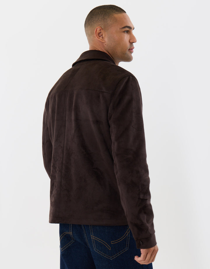 Threadbare Faux Suede Button Up Collared Jacket in Chocolate Brown - back view