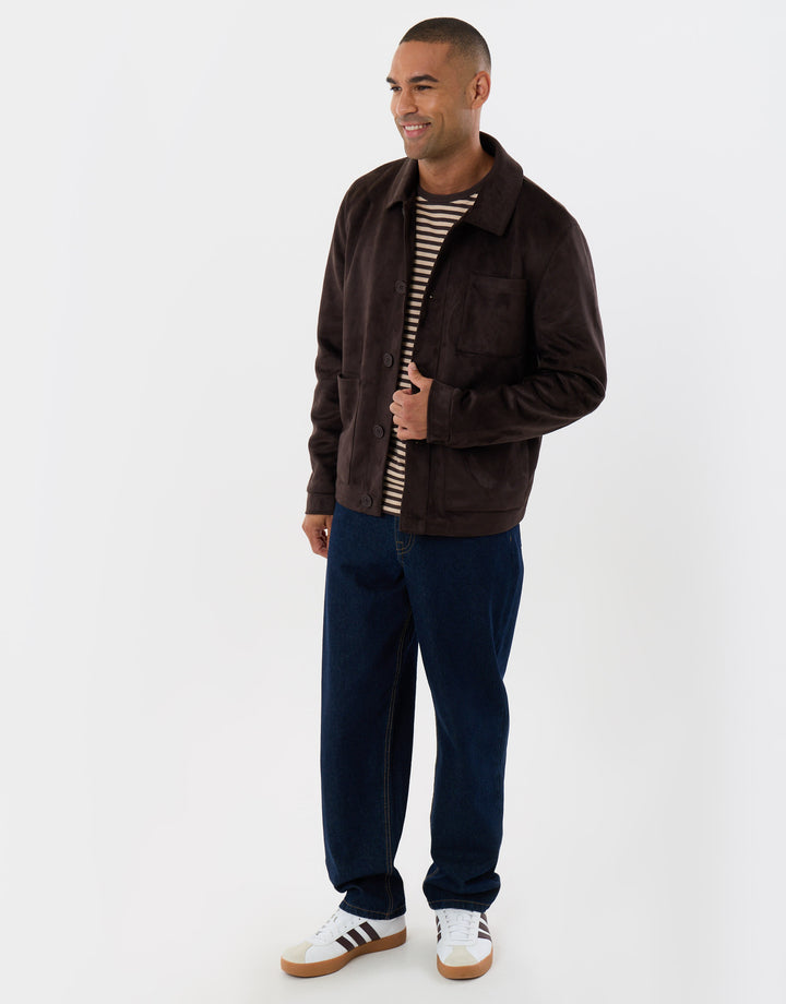 Threadbare Faux Suede Button Up Collared Jacket in Chocolate Brown - full body