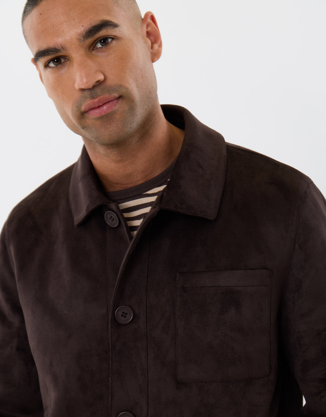 Threadbare Faux Suede Button Up Collared Jacket in Chocolate Brown - close up