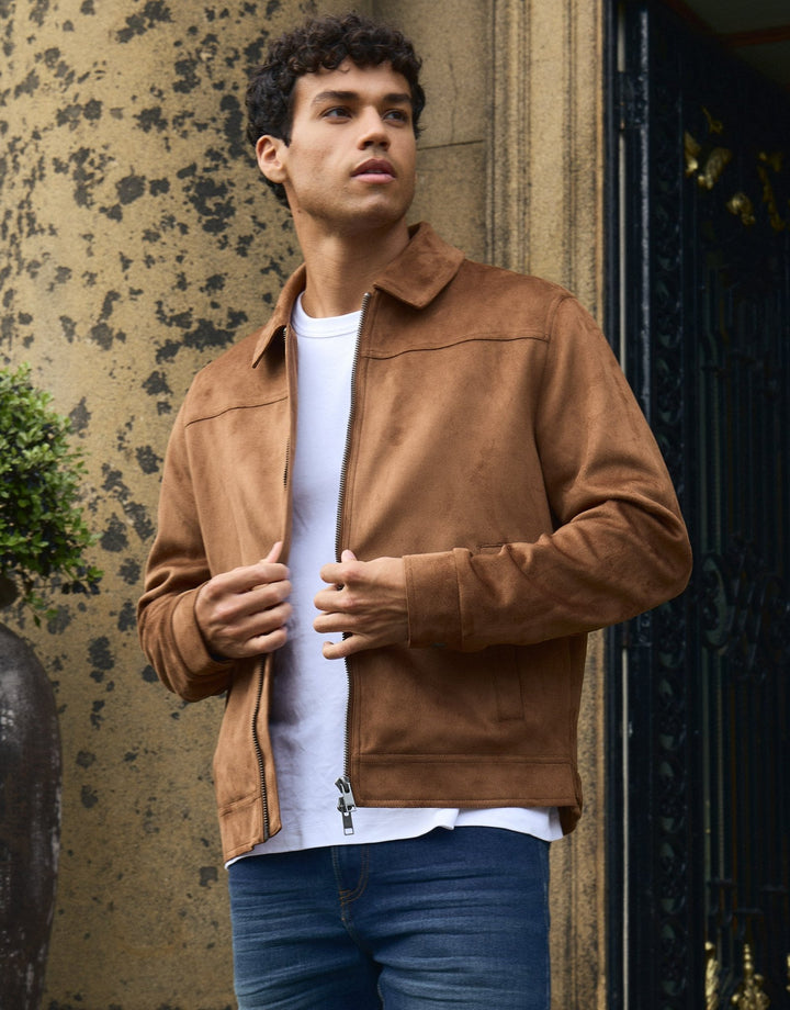 Faux Suede Collared Jacket in Taupe