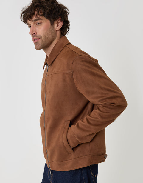 Threadbare Faux Suede Collared Jacket in Taupe - side view