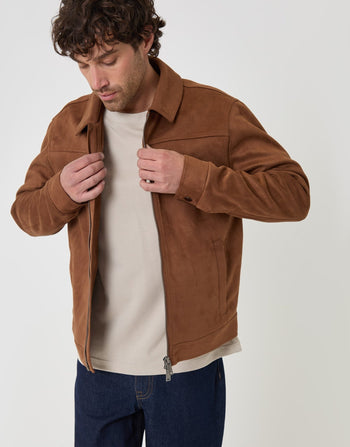 Threadbare Faux Suede Collared Jacket in Taupe - front view