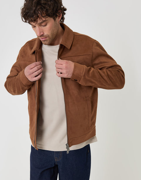 Threadbare Faux Suede Collared Jacket in Taupe - front view