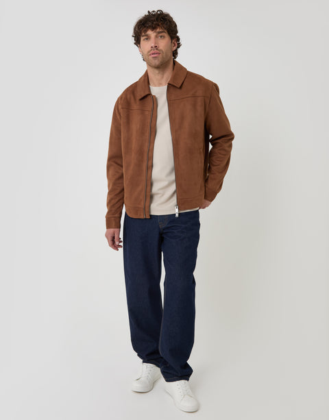 Threadbare Faux Suede Collared Jacket in Taupe - full body