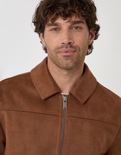 Threadbare Faux Suede Collared Jacket in Taupe - close up