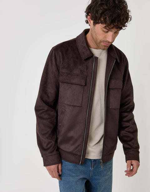 Threadbare Faux Suede Collared Jacket in Chocolate Brown - front view