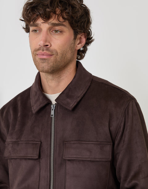 Threadbare Faux Suede Collared Jacket in Chocolate Brown - close up