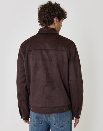 Threadbare Faux Suede Collared Jacket in Chocolate Brown - back view