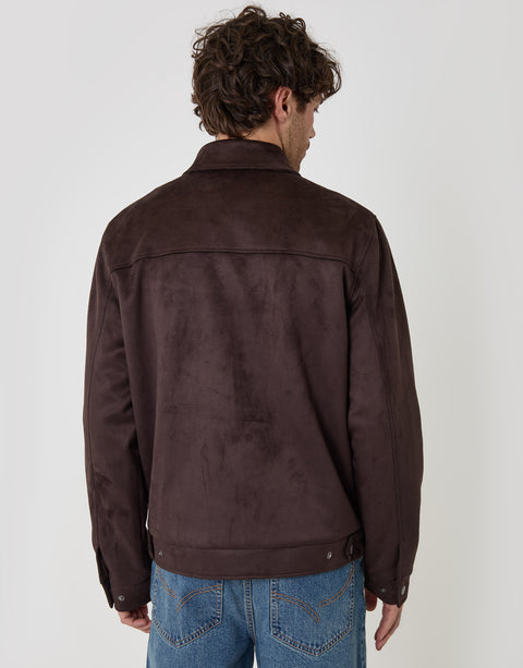 Threadbare Faux Suede Collared Jacket in Chocolate Brown - back view