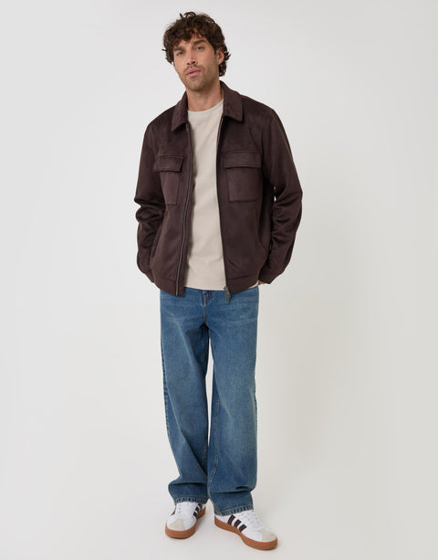 Threadbare Faux Suede Collared Jacket in Chocolate Brown - full body