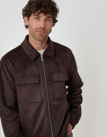 Threadbare Faux Suede Collared Jacket in Chocolate Brown - detail