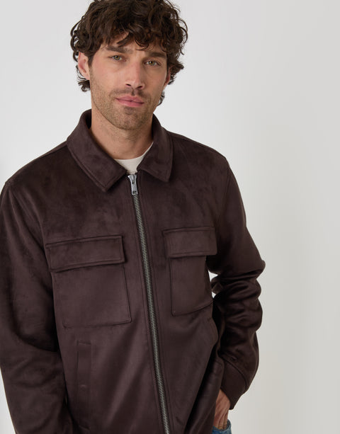 Threadbare Faux Suede Collared Jacket in Chocolate Brown - detail