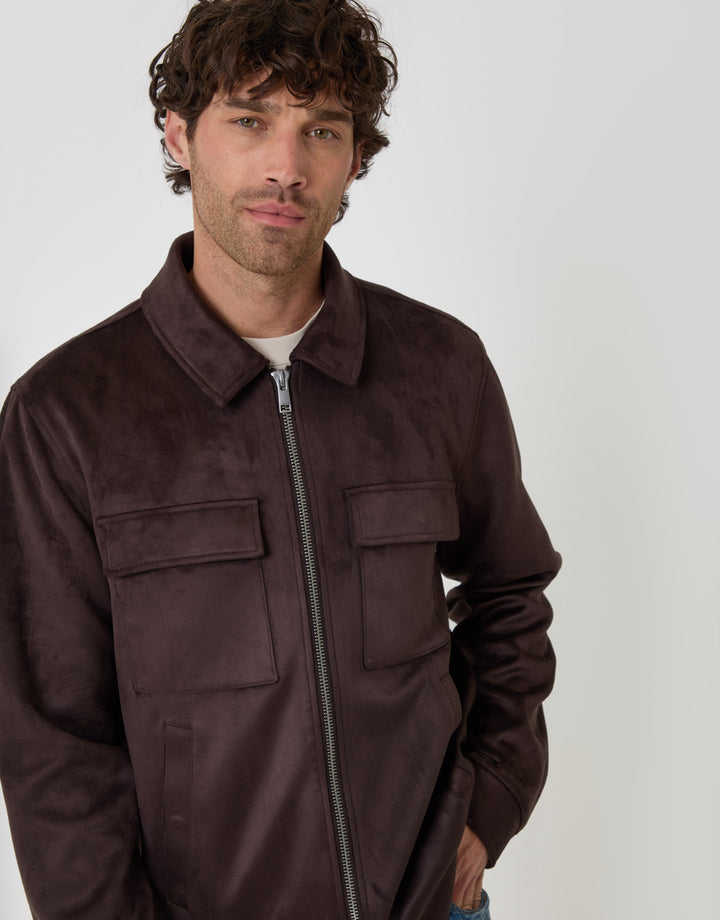 Threadbare Faux Suede Collared Jacket in Chocolate Brown - detail