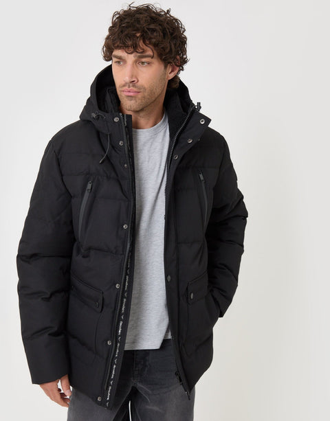 Threadbare Showerproof Hooded Puffer Coat with Borg Lined Hood in Black - front view