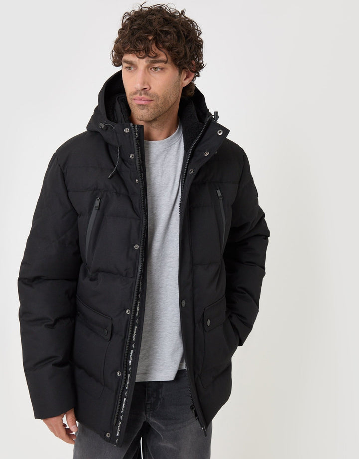 Threadbare Showerproof Hooded Puffer Coat with Borg Lined Hood in Black - front view
