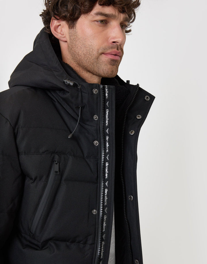 Threadbare Showerproof Hooded Puffer Coat with Borg Lined Hood in Black - close up