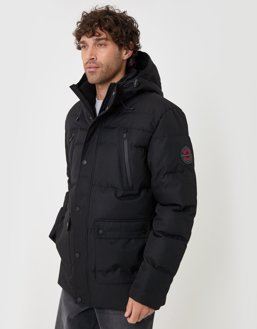 Threadbare Showerproof Hooded Puffer Coat with Borg Lined Hood in Black - side view
